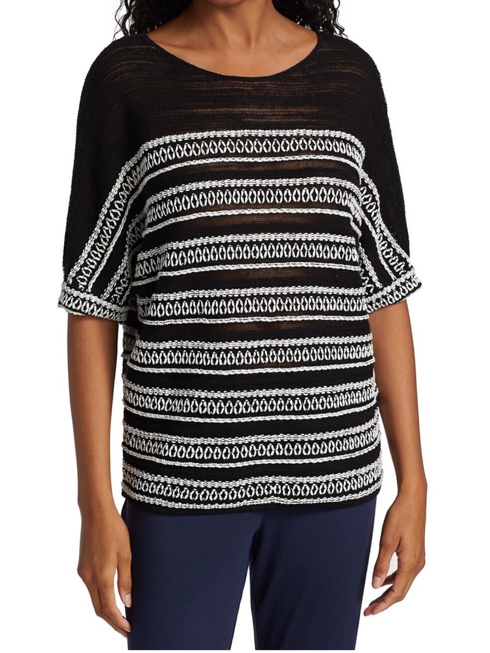 Nic+Zoe Celestial Embroidered Striped Sweater  Cotton Linen Black White Size M